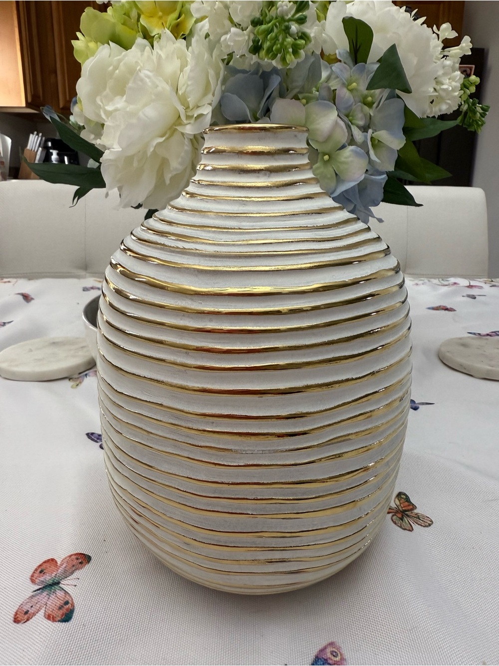 White and Gold Ribbed Decorative Vase - Elegant Home Accent